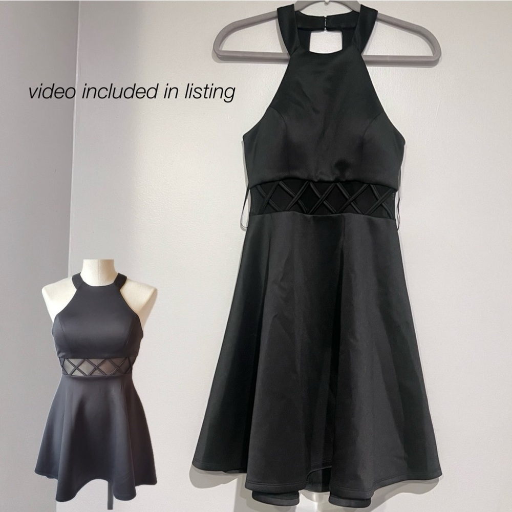 My Michelle Black Dress Long Mini Sheer Waist Crisscross with Cups Zipper Clasp